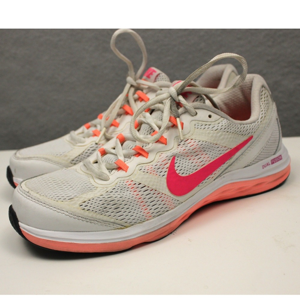 Nike Dual Fusion Run 3 Womens 9 White Pink Orange Running Shoes Sneakers